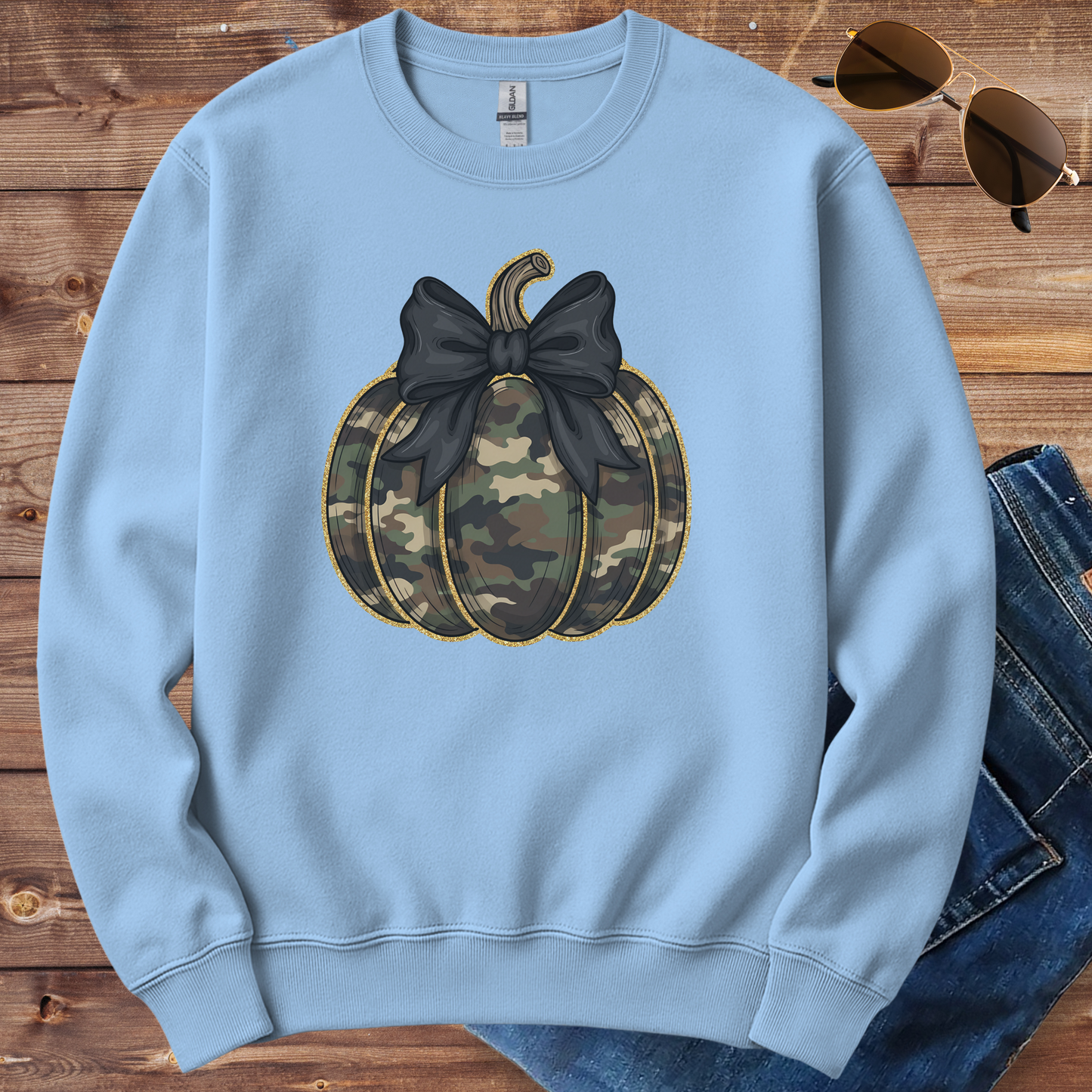 Camo Pumpkin With Black Bow Crewneck