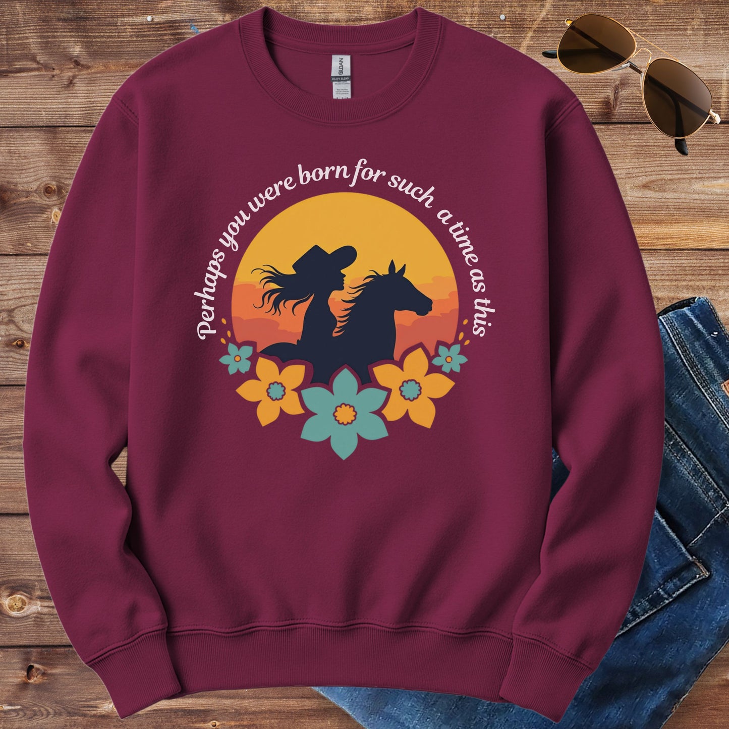 Western Cowgirl Horse Sunset Crewneck