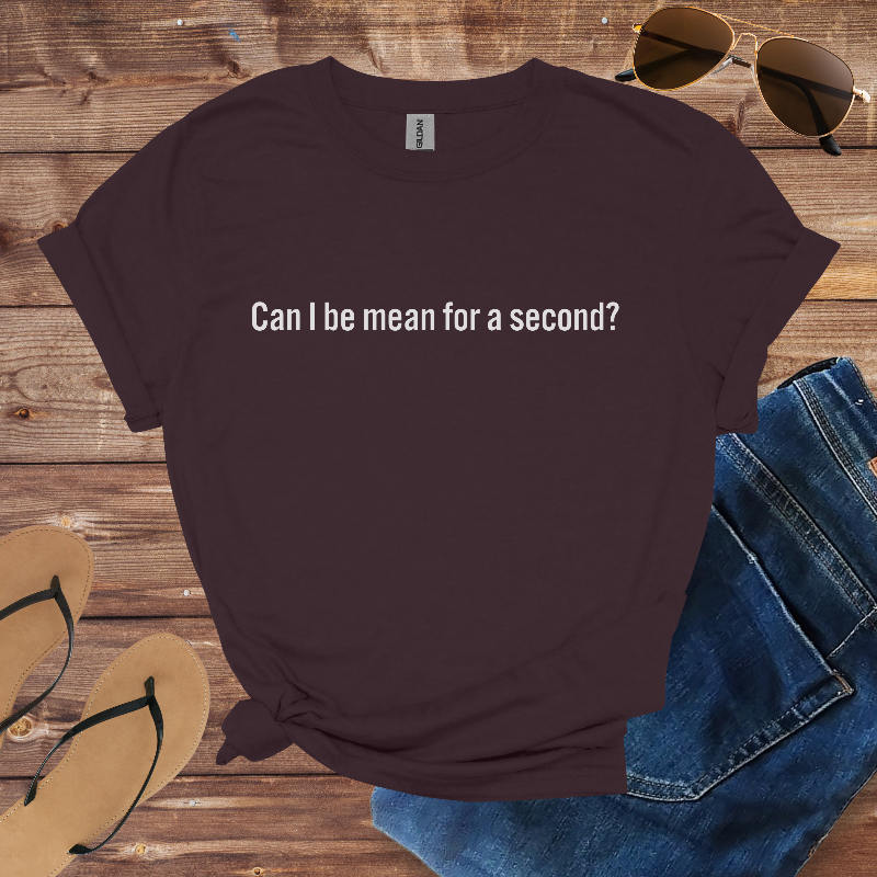 Brown t-shirt with text 'Can I be mean for a second?' on a wooden surface with sunglasses, jeans, and flip-flops.