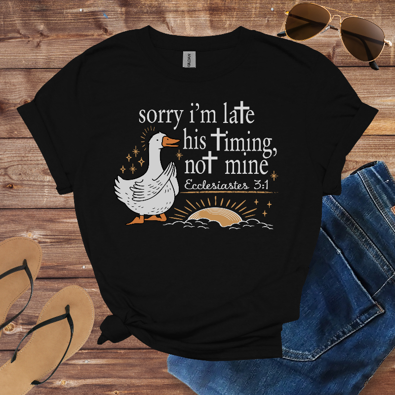 Black t-shirt with a goose graphic and text on a wooden surface with sunglasses, jeans, and sandals.