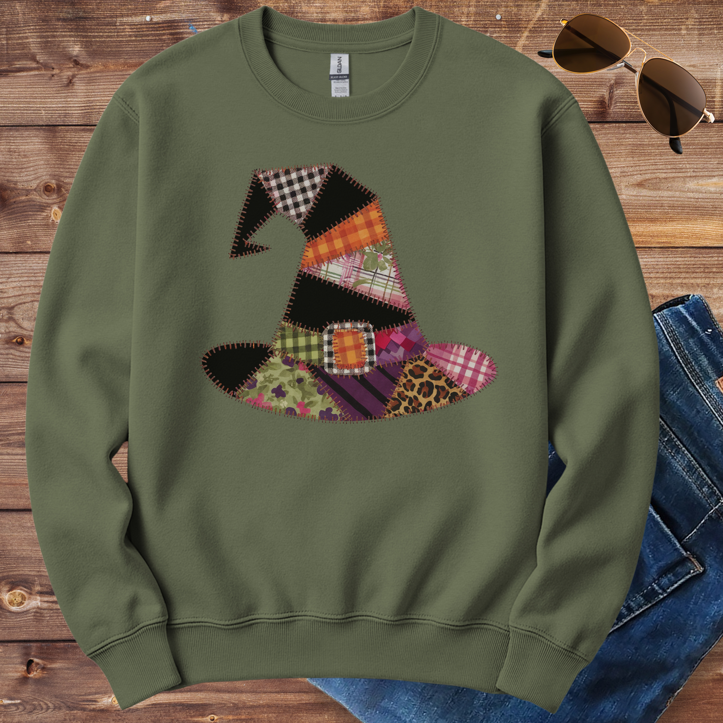 Fall Patchwork Witch Hat Crewneck
