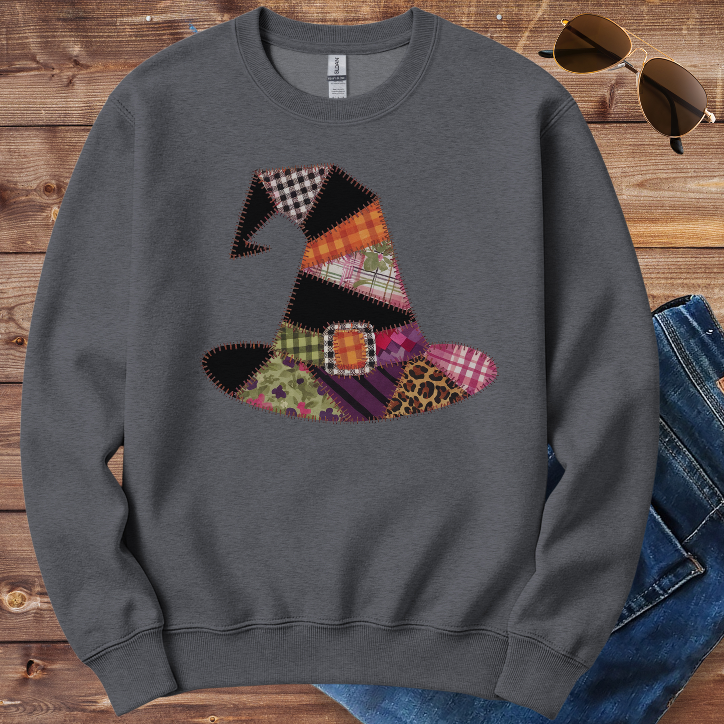 Fall Patchwork Witch Hat Crewneck