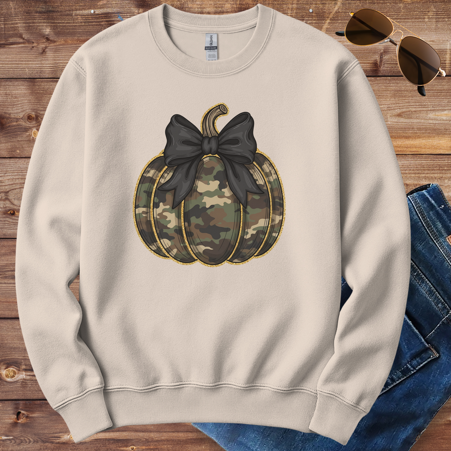 Camo Pumpkin With Black Bow Crewneck