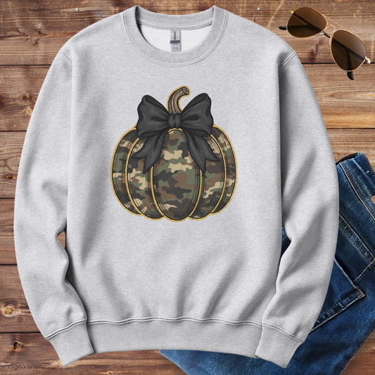 Camo Pumpkin With Black Bow Crewneck