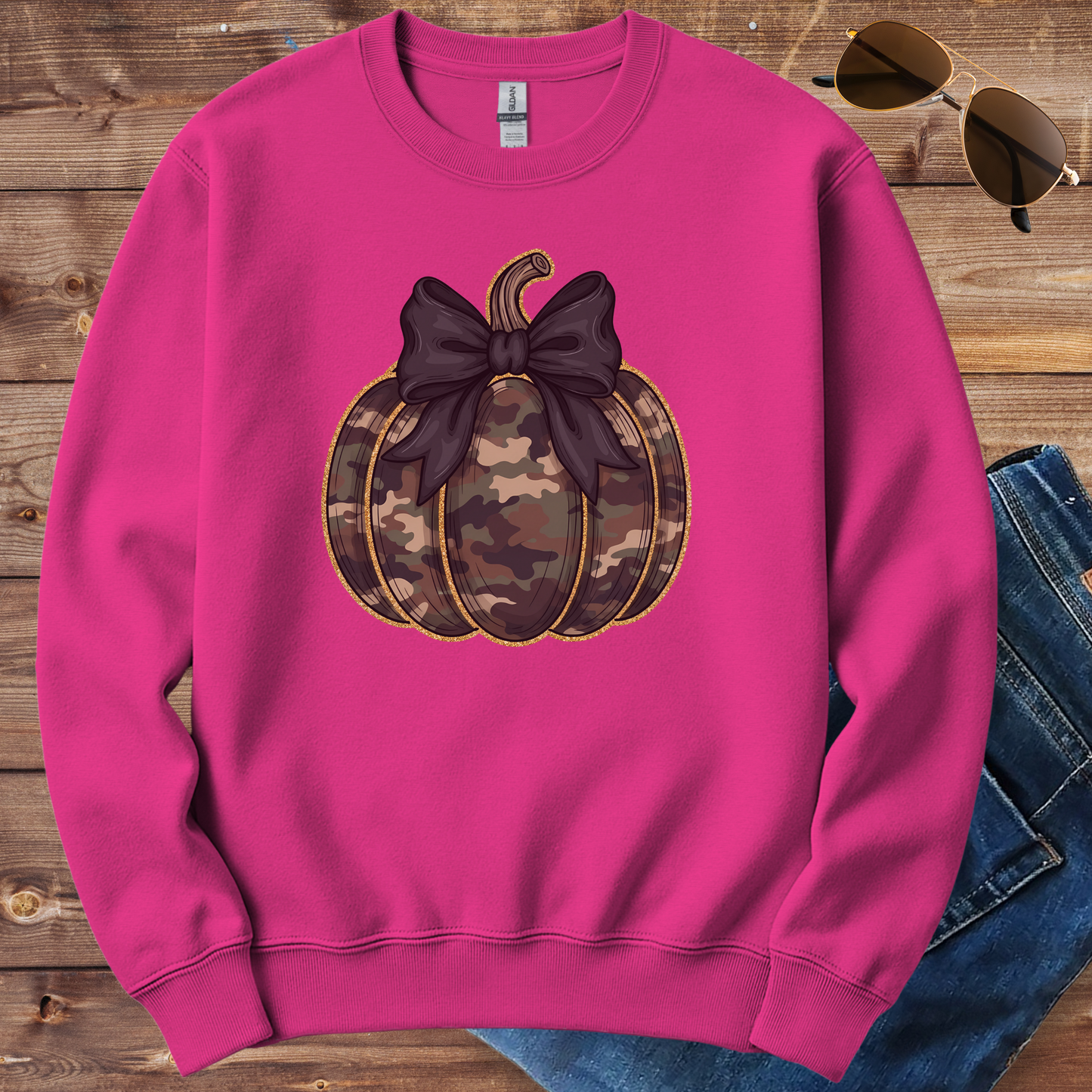 Camo Pumpkin With Black Bow Crewneck