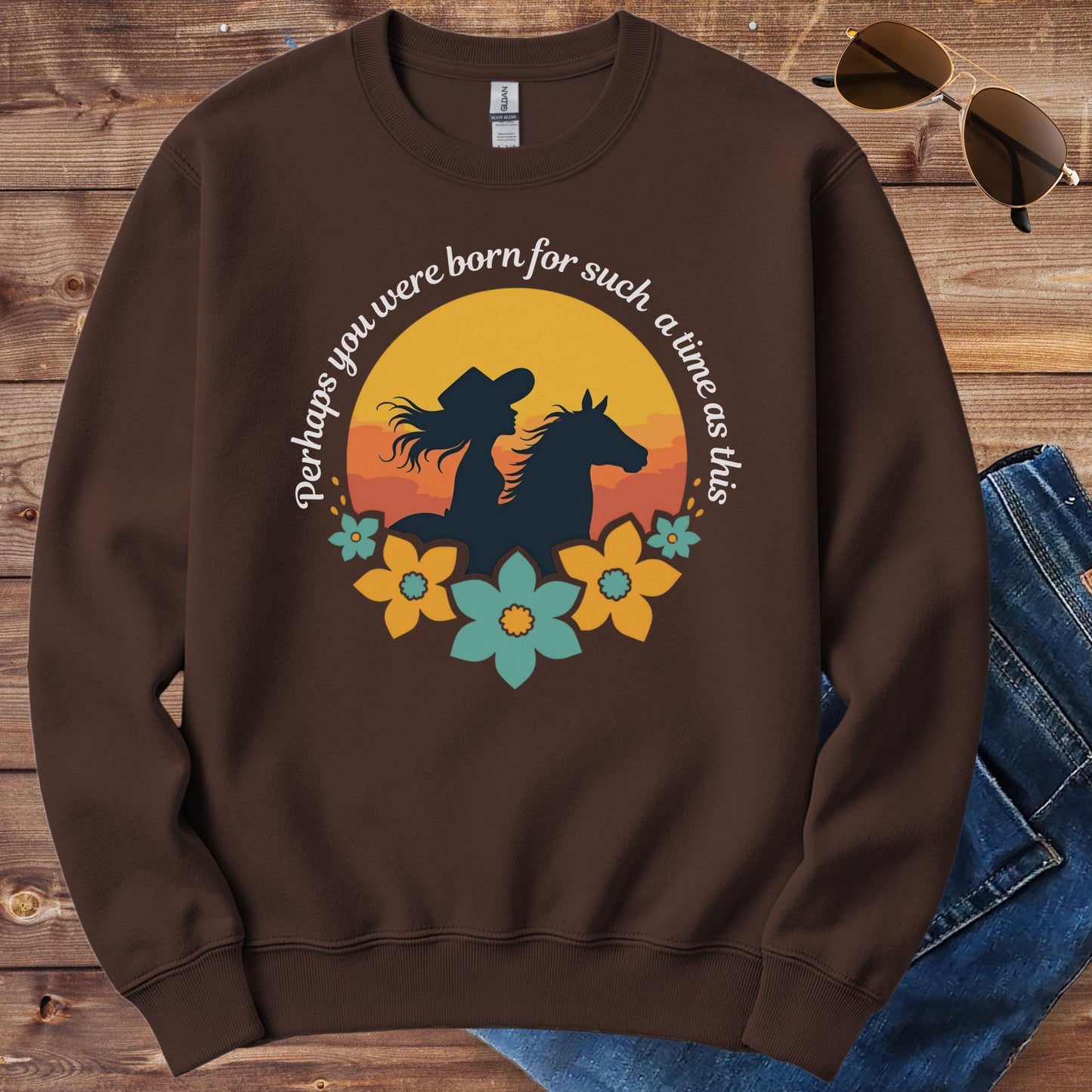 Western Cowgirl Horse Sunset Crewneck